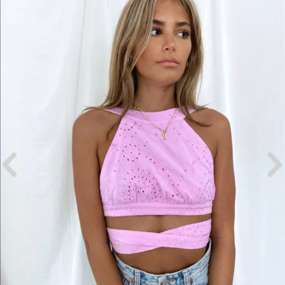 isabelles cabinet pink eyelet halter top with wrap around ties